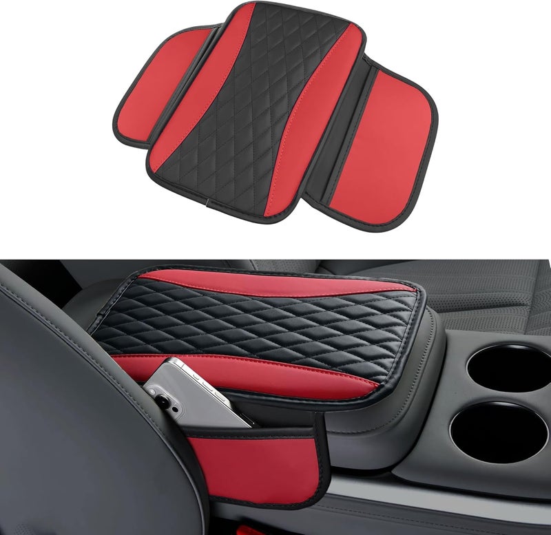 Tioollev Patchwork Leather Car Center Console Cover,Microfiber Leather Vehicle Armrest Protector Cushion with 2 Storage Bags,Universal Cars Armrest Cushion for SUV, Sedan, Truck (Red) - Image 1
